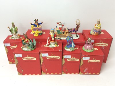 Lot 1163 - Eight Royal Doulton Bunnykins figures some limited edition - St George, St Patrick, St Andrew, St David, Polly, Little Stocking Filler and Christmas Surprise, all boxed