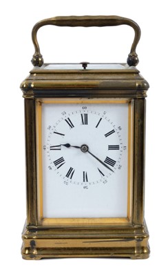 Lot 654 - Late 19th century French repeating carriage clock by Alfred Drocourt, Paris, the white enamel dial with Roman numerals and outer minute track and five minute markers, the eight day two train moveme...