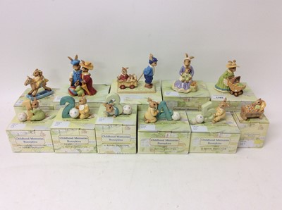 Lot 1165 - Collection of 11 boxed Royal Doulton Bunnykins Childhood Memories figures, including A Ride Through The Park and Baby's First Outing