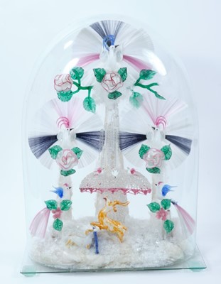 Lot 843 - Rare and fine quality 19th century glass lampwork bird fountain, probably Stourbridge, depicting exotic birds, dogs, deer and flowers, under glass dome.
