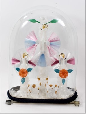 Lot 844 - Rare and fine quality 19th century glass lampwork bird fountain, probably Stourbridge, depicting exotic birds, dogs, deer and flowers, under glass dome.