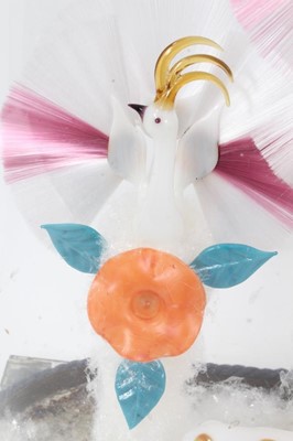 Lot 844 - Rare and fine quality 19th century glass lampwork bird fountain, probably Stourbridge, depicting exotic birds, dogs, deer and flowers, under glass dome.