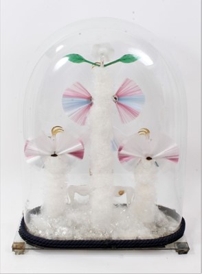 Lot 844 - Rare and fine quality 19th century glass lampwork bird fountain, probably Stourbridge, depicting exotic birds, dogs, deer and flowers, under glass dome.