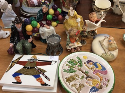 Lot 1172 - Royal Doulton figures of The Balloon Seller and Balloon Man, a further Doulton figure of Coralie, and other items to include Hummel figures and a pair of Rolf Froyland Vikings plaques