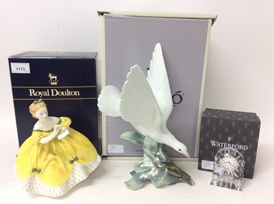 Lot 1173 - Waterford Crystal clock, Royal Doulton figure of The Last Waltz, and a Lladro figure of a bird, all boxed (3)