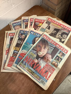 Lot 2096 - Music- 190 Music related papers to include Melody Maker, NME and Sounds, mainly early 1990's, with covers including Nirvana, The Cure, R.E.M., Mudhoney and others (2 boxes)