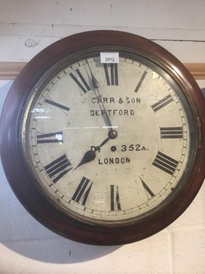 Lot 2412 - Late 19th century wall clock with  enamel dial, signed - J. Carr & Son, Deptford London, in mahogany case, 46cm overall diameter (keys and pendulum present)