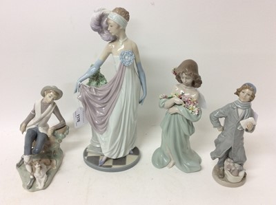 Lot 1176 - Four Lladro porcelain figures - 1920s lady, girl with flowers, seated boy with dog and boy with shopping basket