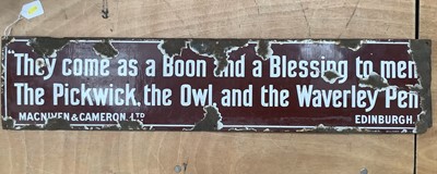 Lot 2390 - Vintage enamel sign relating to the pen nib manufacturers - "They come as a Boon and a Blessing to men, The Pickwick, the Owl, and the Waverley Pen", MacNiven & Cameron Ltd. Edinburgh