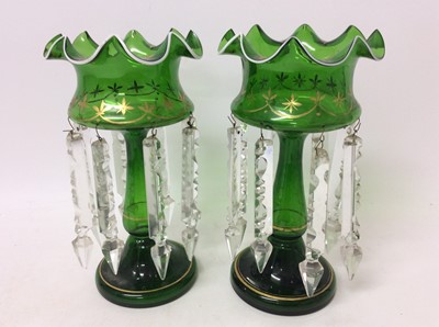 Lot 1189 - Pair of Victorian green glass lustres, with gilt and enamel decoration, and prismatic drops, 26.5cm high