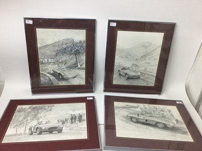 Lot 1888 - Group of four pencil sketches of classic sports and performance cars including Ferrari and BMW, each mounted in metal frame (4)