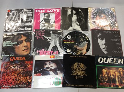 Lot 2078 - Two boxes containing a total of approx 200 single records, featuring Marc Bolan, T Rex, David Bowie and Queen, including some duplicated copies, mostly VG to EX.