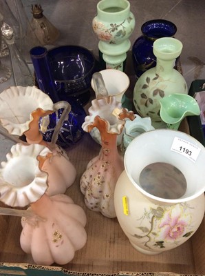 Lot 100 - Collection of Victorian and later clear and coloured glassware, some pieces enamelled, including vases, decanters and drinking glasses (qty)