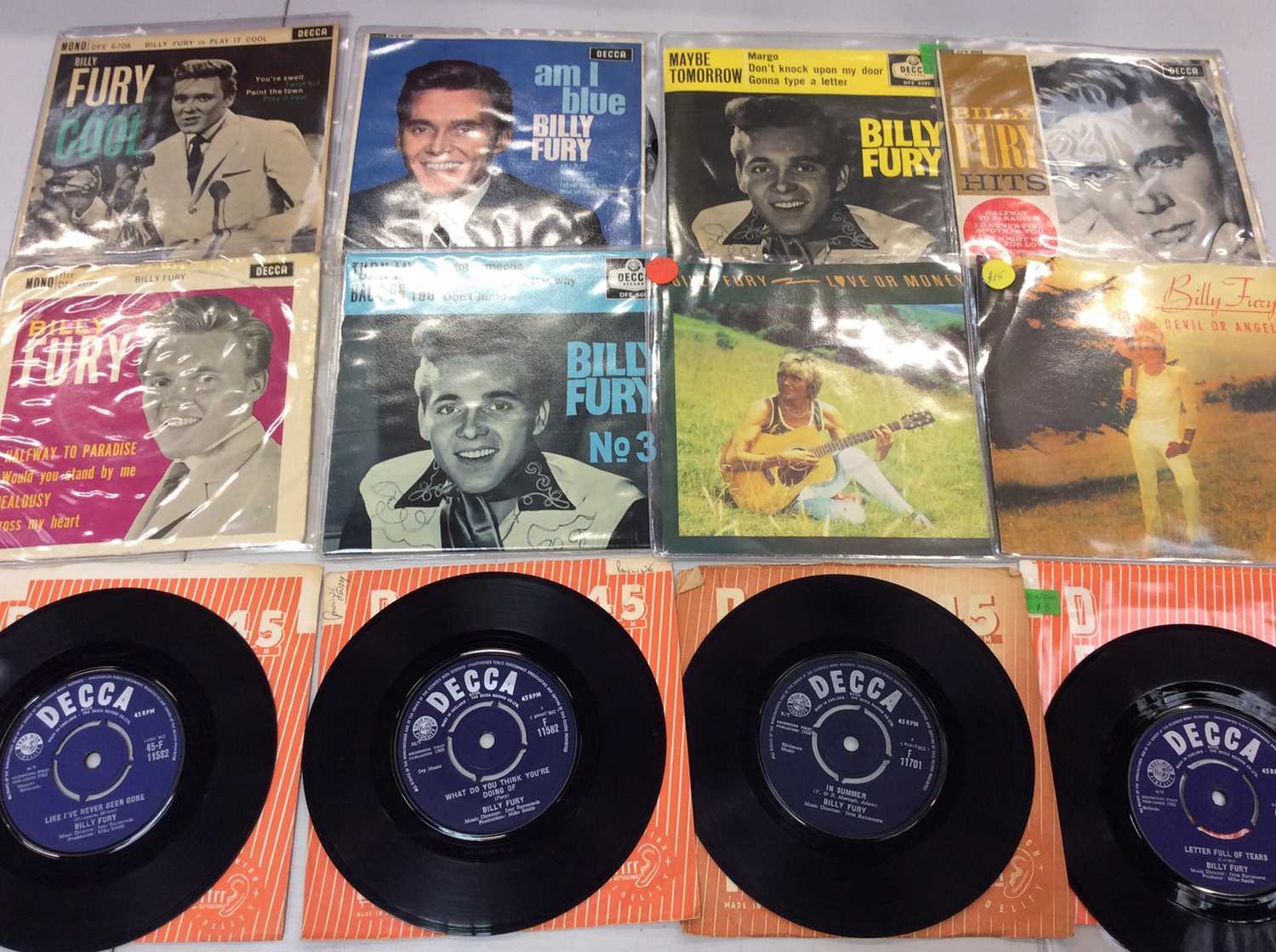 Lot 2085 - Billy Fury EP's, Maybe Tomorrow, VG, Am I Blue, VG Plus, Play it Cool, EX, Hits, Near mint, Billy Fury, EX, together with 100 plus Fury singles, some duplicates, conditions vary