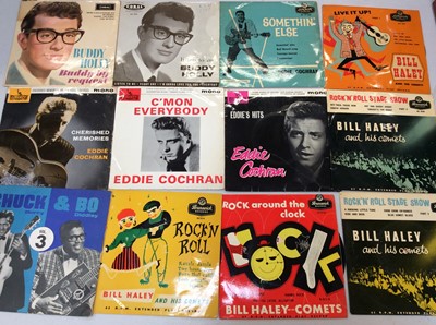 Lot 2086 - Carrying case of 40 EP's including Bill Haley, Buddy Holly, Eddie Cochran, Chuck Berry, Elvis and Fats Domino, some duplicates and several with sleeve damage, conditions vary, together with carryin...