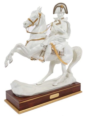 Lot 1202 - Bernard Winskill (d. 1980) porcelain figure for Royal Worcester of Napoleon, believed to be a unique colour type, in white glaze with gilt ornament, 37cm long, publication details to underside for...