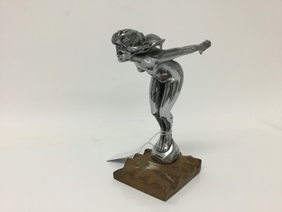 Lot 1896 - 1920s Chromium plated car mascot in the form of a Nymph, stamped NLC Co and Reg ed nde to reverse, on oak plinth, 17cm in overall height