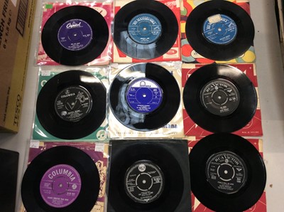 Lot 2103 - Box of 150 single records including The Outlaws, Oympics, Elvis, Cliff, Tommy Roe, Nite People, and the Orlons. Some duplicated- mostly VG to EX. Also included is a carrying case of 30 plus EP's in...