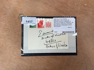 Lot 1417 - Autograph King Edward VIII embossed card signed by Edward Duke of Windsor and Wallis Duchess of Windsor