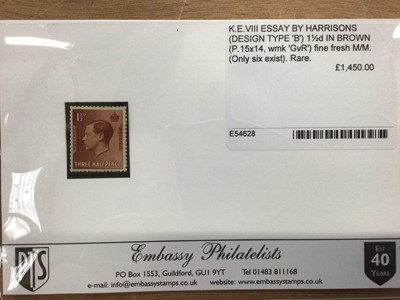 Lot 1435 - Stamps King Edward VIII Essay by Harrisons (design type 'B'), 1½d in brown (P15x14 watermark 'GvR') m/m