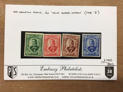 Lot 1436 - Stamps 1936 Coronation essays 1½d imperf 'Welsh Guards Uniform' (Type 'B') 4 examples in red, green, brown and blue they appear to be fresh m/m with gum