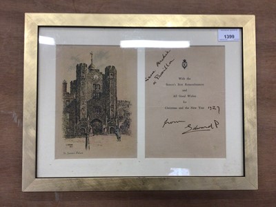 Lot 1399 - Autograph HRH Edward Prince of Wales (later HM King Edward VIII) inscribed and signed Christmas card 1927 with St James's Palace to cover in glazed frame