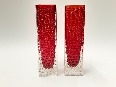 Lot 1208 - Pair of Whitefriars Ruby red nailhead vases, pattern number 9808, designed by Geoffrey Baxter circa 1970's, 20.5cm high