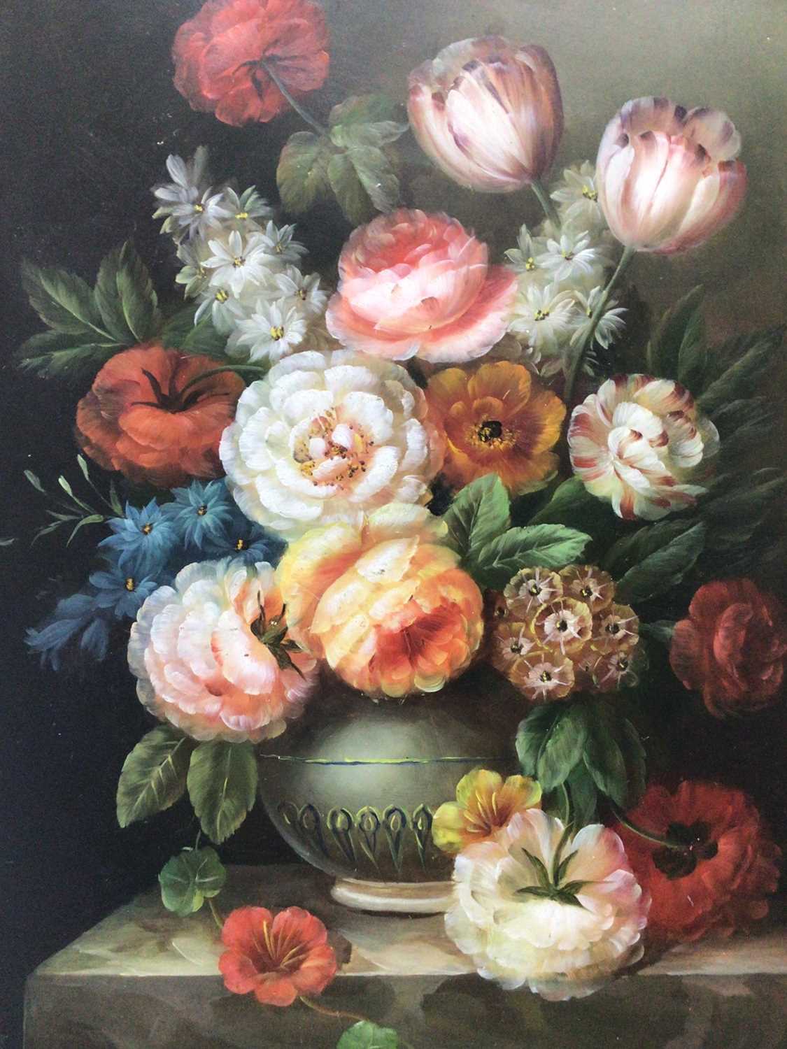 Lot 142 - Attributed to Thomas Webster, pair of oils on panel - Flower Pieces, 41cm x 30.5cm, unframed
