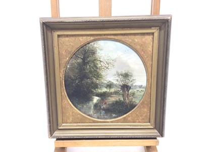 Lot 144 - Manner of George Lara, oil on circular board, a pair country scenes with figures by a river and a figure near a cottage (2)
