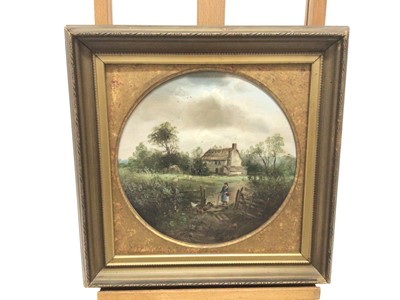 Lot 144 - Manner of George Lara, oil on circular board, a pair country scenes with figures by a river and a figure near a cottage (2)