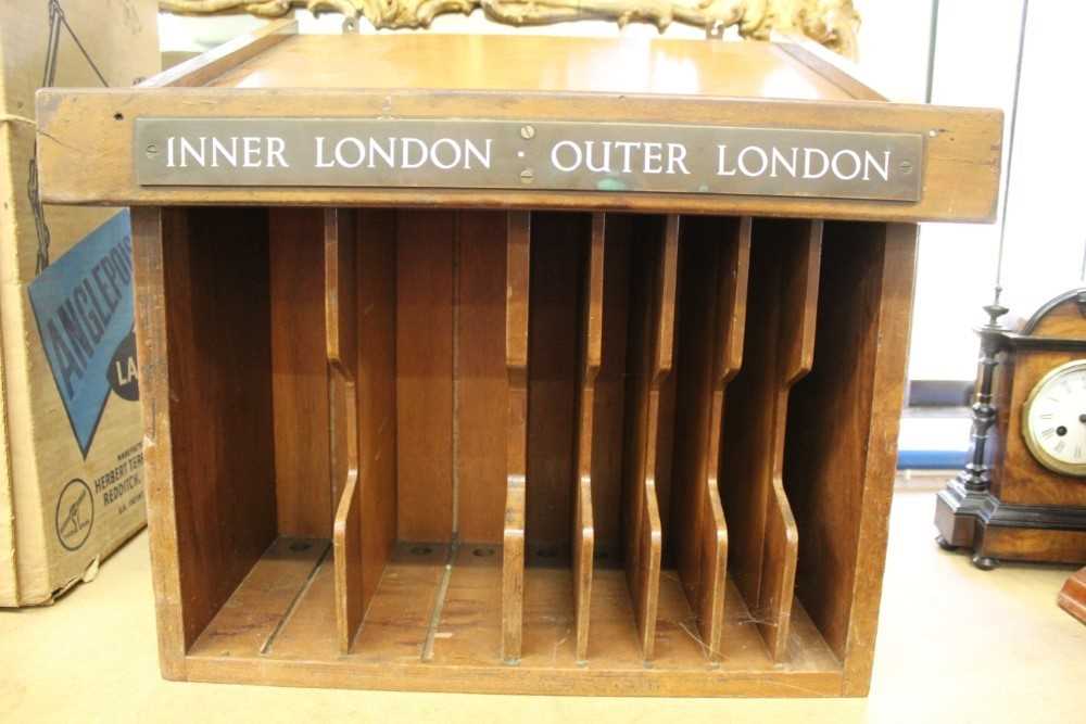 Lot 2446 - 20th century mahogany wall mounted office pigeon hole with brass plaque 'inner London, outer London'