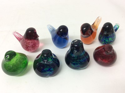 Lot 1215 - Two Mdina glass vases, Sally Penn-Smith signed art glass vase and eight coloured glass bird paperweights