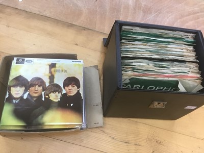 Lot 2121 - Carrying case of approx 50 Beatles singles- most in ex. condition together with a selection of other Beatles re-issue singles in ex. condition and EP's etc.