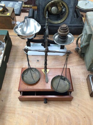 Lot 2459 - Pair of 19th century mahogany and brass balance scales by Legrave & Co, London, together with a pair of white enamel Avery kitchen scales and some weights