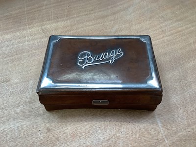 Lot 319 - Late Victorian leather games box with applied silver band and lettering 'Bridge' (London 1900), interior with two decks of playing cards