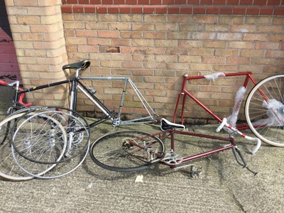 Lot 2464 - Four road bike frames, including Whitfield and Cinelli, together with seven wheels, including Alesa and Mavic, one with a Campognolo cassette