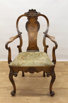 Lot 1406 - George I style walnut and inlaid crook arm elbow chair