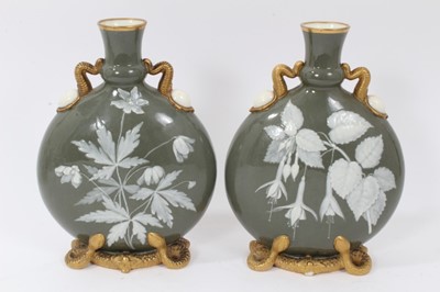 Lot 113 - Pair of Victorian Graingers Worcester Moonflasks with Pate Sur Pate decoration.