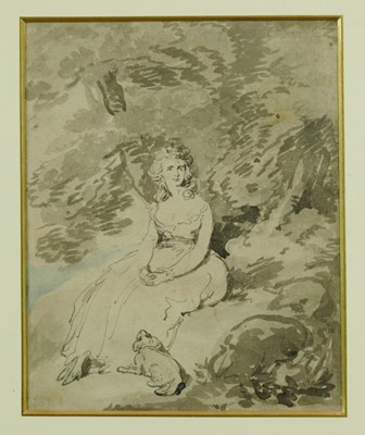 Lot 1253 - Thomas Rowlandson (1756-1827) pen and wash, seated girl in landscape with dog