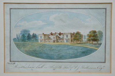 Lot 1092 - W. Hall (early 19th century) watercolour titled ‘Rendlesham Hall in Suffolk’ signed