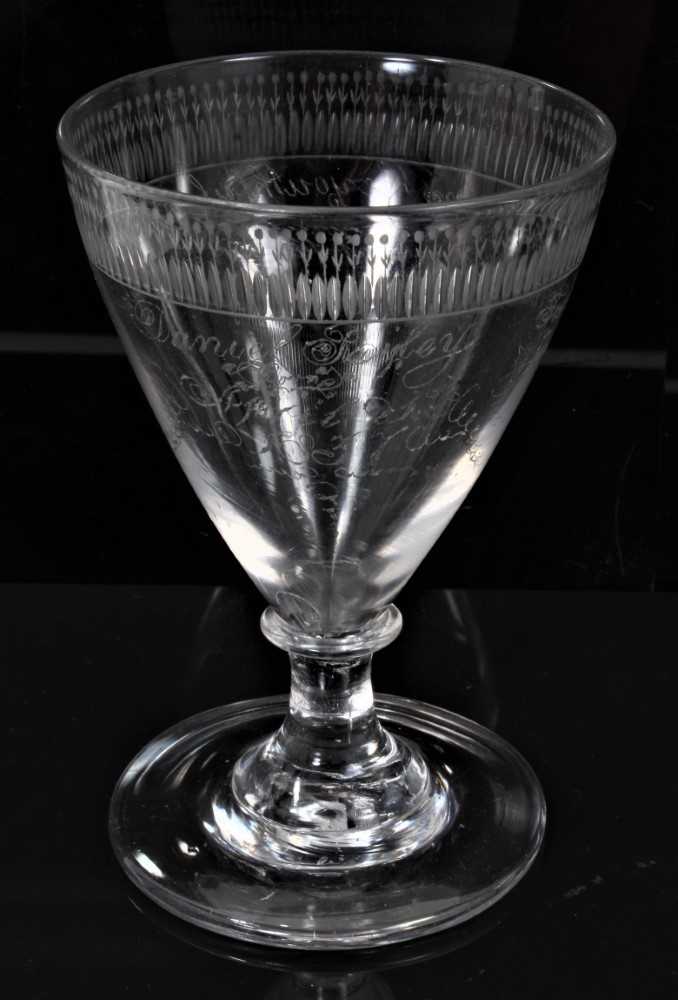 Lot 118 - Late 18th century unusual glass rummer with engraved message