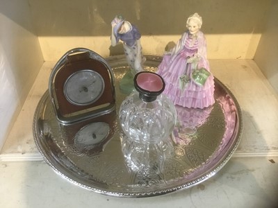 Lot 243 - Silver plated circular tray, novelty barometer, two Doulton figures