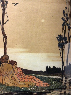 Lot 223 - Ruth Cartlidge (early 20th century) two Art Nouveau watercolours, figures beside a stream, 14 x 10cm, the second, traveller at dusk, signed, 17 x 27cm. N.B. Ruth Cartlidge was from a family of cera...