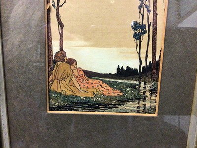 Lot 47 - Ruth Cartlidge (early 20th century) two Art Nouveau watercolours, figures beside a stream, 14 x 10cm, the second, traveller at dusk, signed, 17 x 27cm. N.B. Ruth Cartlidge was from a family of cera...