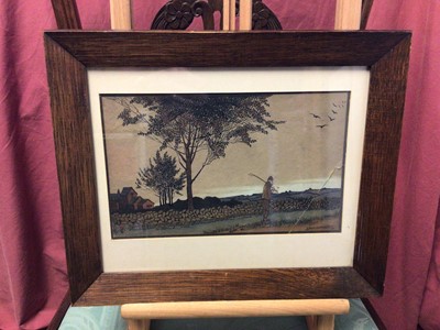 Lot 47 - Ruth Cartlidge (early 20th century) two Art Nouveau watercolours, figures beside a stream, 14 x 10cm, the second, traveller at dusk, signed, 17 x 27cm. N.B. Ruth Cartlidge was from a family of cera...