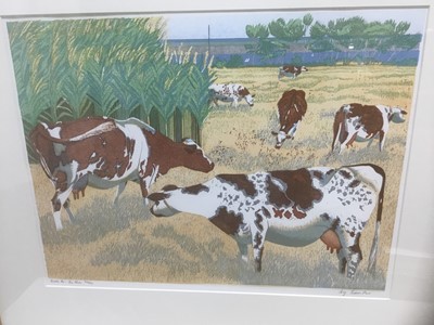 Lot 73 - Ivy Smith (b.1945) signed limited edition linocut - The Farm, 22/50, 40cm x 52cm, in glazed frame