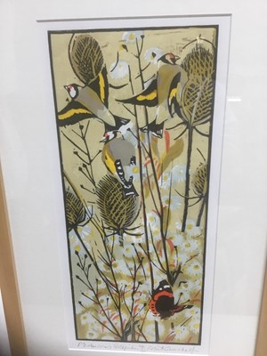 Lot 76 - Robert Greenhalf (b.1950) signed limited edition woodcut - Michaelmas Goldfinches, 24/100, 41cm x 19cm, in glazed frame