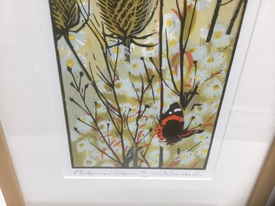 Lot 76 - Robert Greenhalf (b.1950) signed limited edition woodcut - Michaelmas Goldfinches, 24/100, 41cm x 19cm, in glazed frame