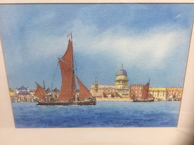 Lot 78 - Gerald Robert Tucker (b.1932) watercolour - Barges at St. Paul's Cathedral, signed, 27cm x 37cm, in glazed frame