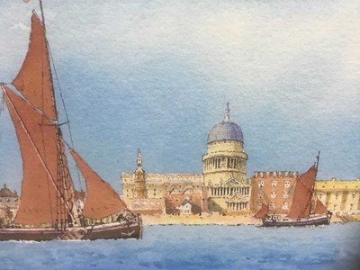 Lot 78 - Gerald Robert Tucker (b.1932) watercolour - Barges at St. Paul's Cathedral, signed, 27cm x 37cm, in glazed frame